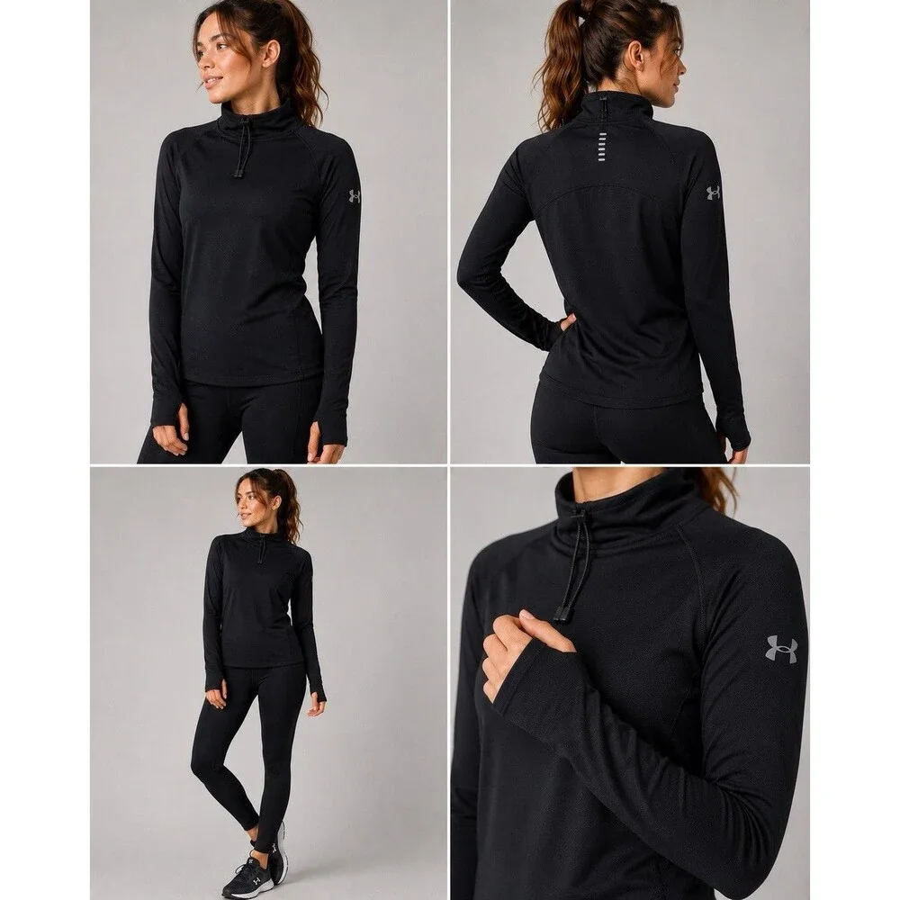 Under Armour ColdGear Run Fitted Black Mock Neck Pullover Thumbholes Women’s M